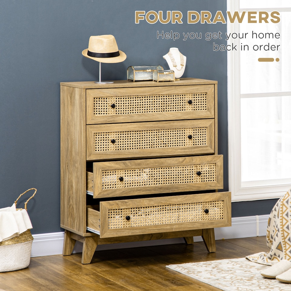 image 1 of HOMCOM Chest of Drawers, 4-Drawer Storage Organiser Unit with Rattan Element for Bedroom, Living Room, Wood Effect