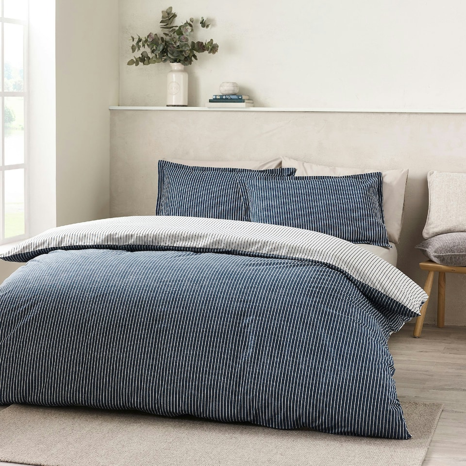 image 1 of Catherine Lansfield Oxford Pinstripe Reversible Duvet Cover Set Navy Blue | Blue | Navy Blue | King