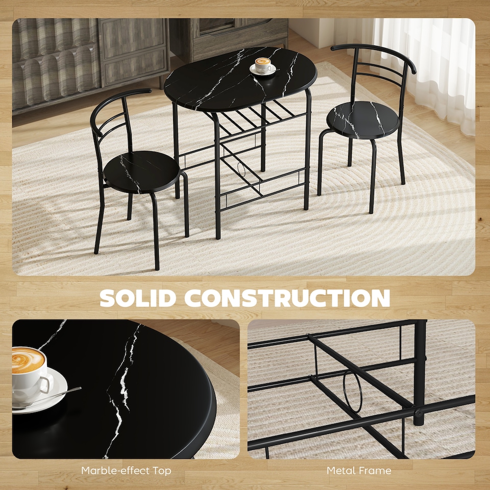 image 1 of HOMCOM Breakfast Bar Table and Stools Set, Dining Room Set with Shelf, Black | Black | Black