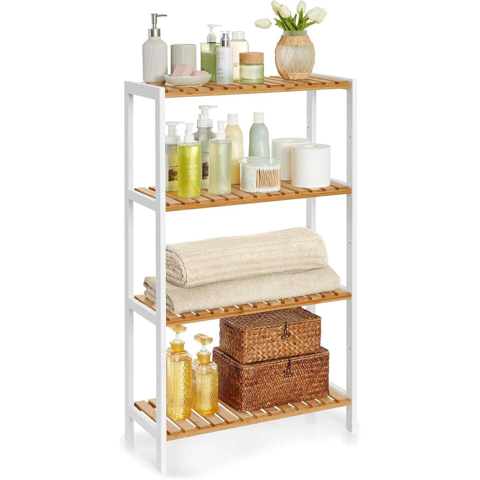 image 1 of 4 Tier Bamboo Storage Shelf, Freestanding Shelving Unit for Bathroom, Kitchen, Hallway or Living Room, White and Natural