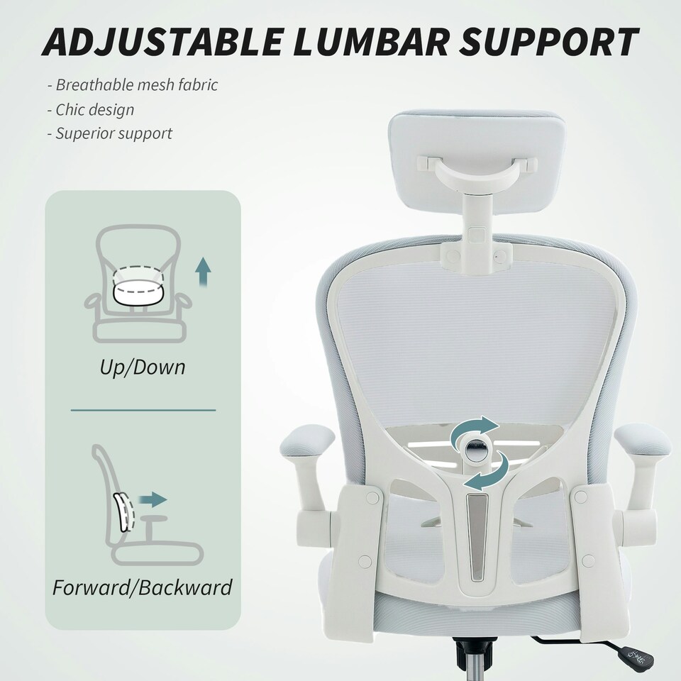 image 1 of Vinsetto Mesh Chair with Headrest, 4D Lumbar Support, Flip-up Arm, White White