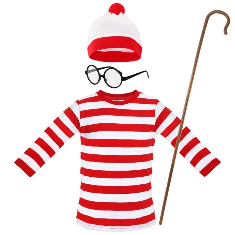 image 1 of Find Me - Top, Hat, Glasses & Crook - Wheres Wally Inspired Costume | Red | S