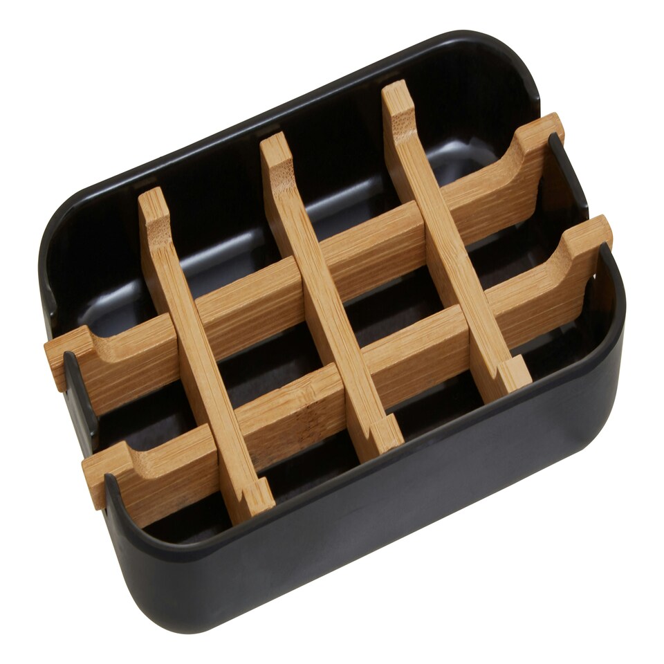 image 1 of Interiors by Premier Eco-Friendly Black Soap Dish, Removable Bamboo Insert Soap Tray, Modern Soap Case Holder, Bath Soap Holder