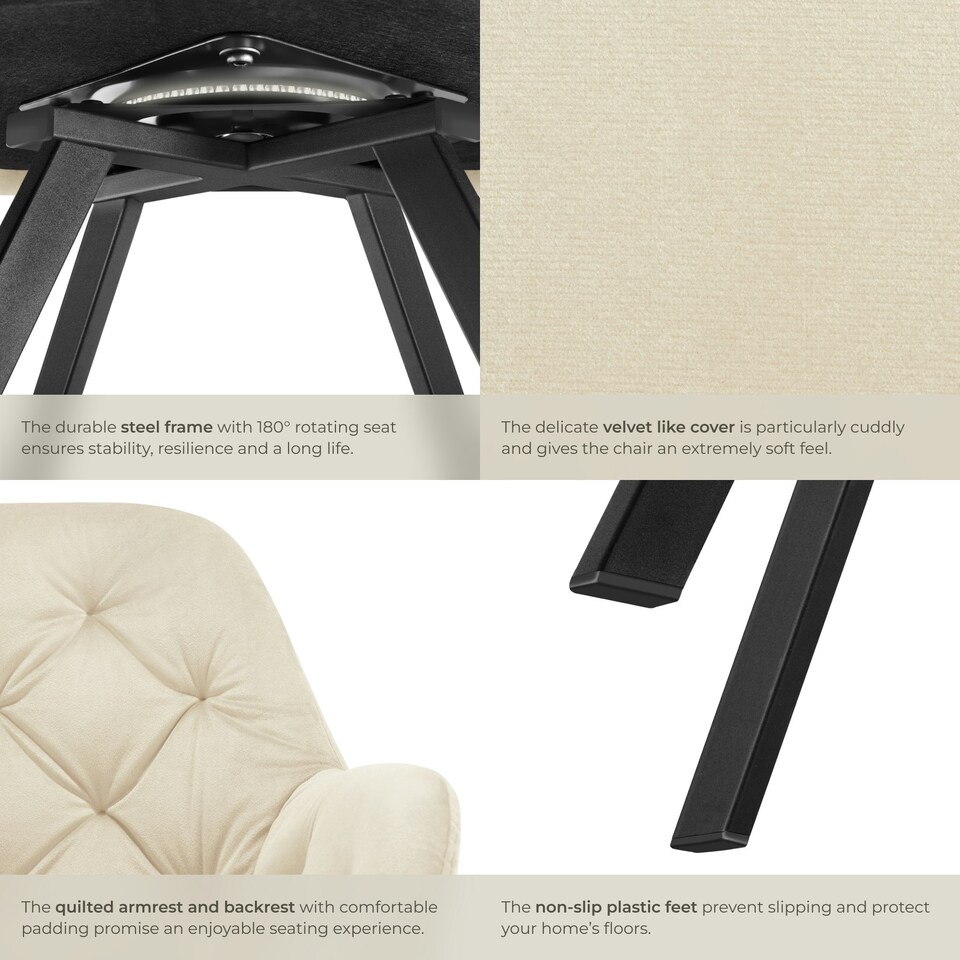 image 1 of Armchair Lucia - padded, quilted pattern, 180 degree swivel chair - Set of 4 Cream