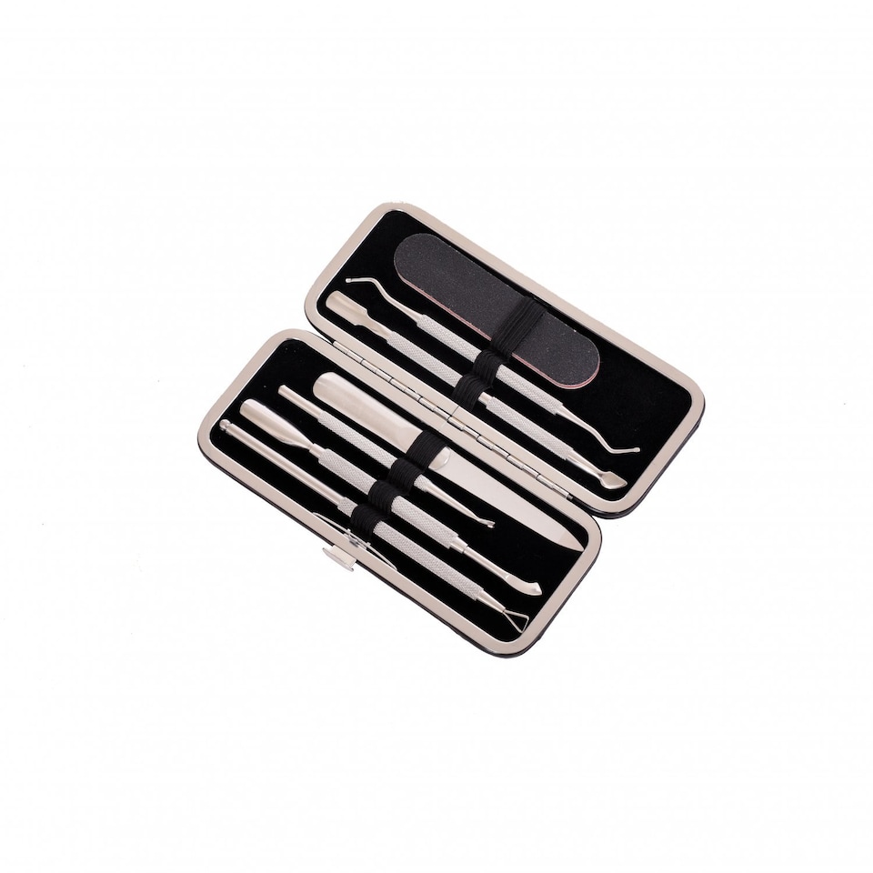 image 1 of 5pc Stainless Steel Nail Cuticle Pusher Polish Remover Tool Set | Black