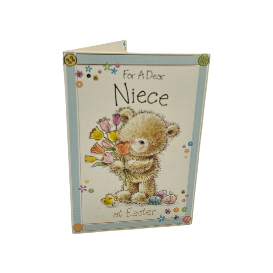 image 1 of For A Dear Niece Cute Teddy & Bouquet Design Easter Card
