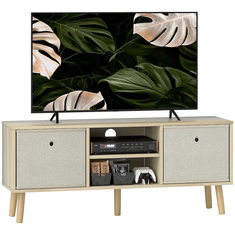 image 1 of HOMCOM TV Cabinet Stand Unit for TVs up to 50  Flat Screen with Foldable Drawers and Shelves, Entertainment Centre for Living Room, Bedroom Nature Wood Finish