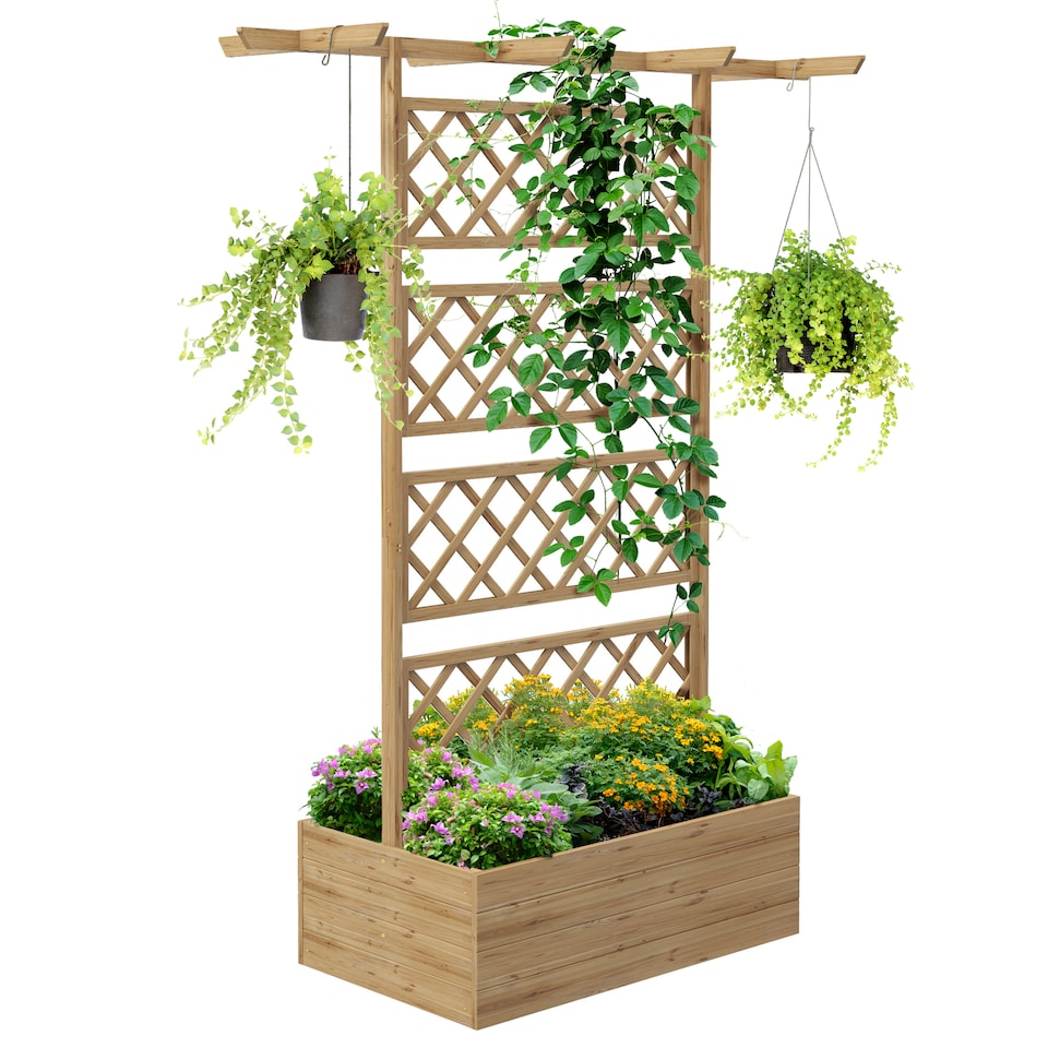 image 1 of Outsunny Wooden Trellis Planter, Raised Garden Bed for Climbing Plants, Natural