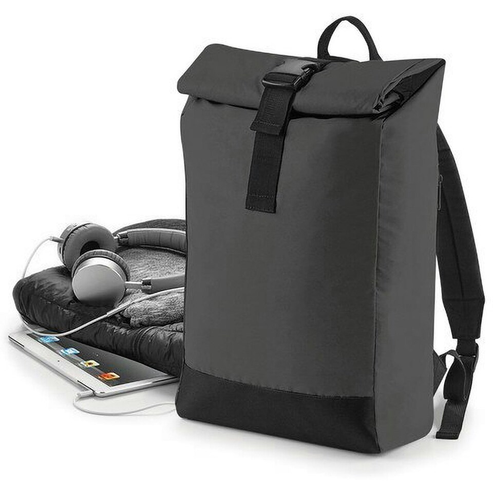 image 1 of BagBase Reflective Roll Top Backpack - Black Reflective - One Size