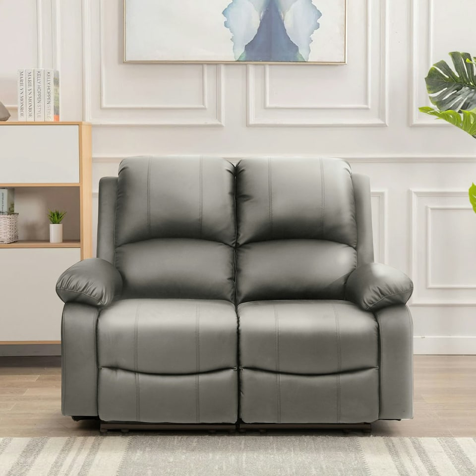image 1 of Faux Leather 2 Seat Reclining Sofa In Light Grey