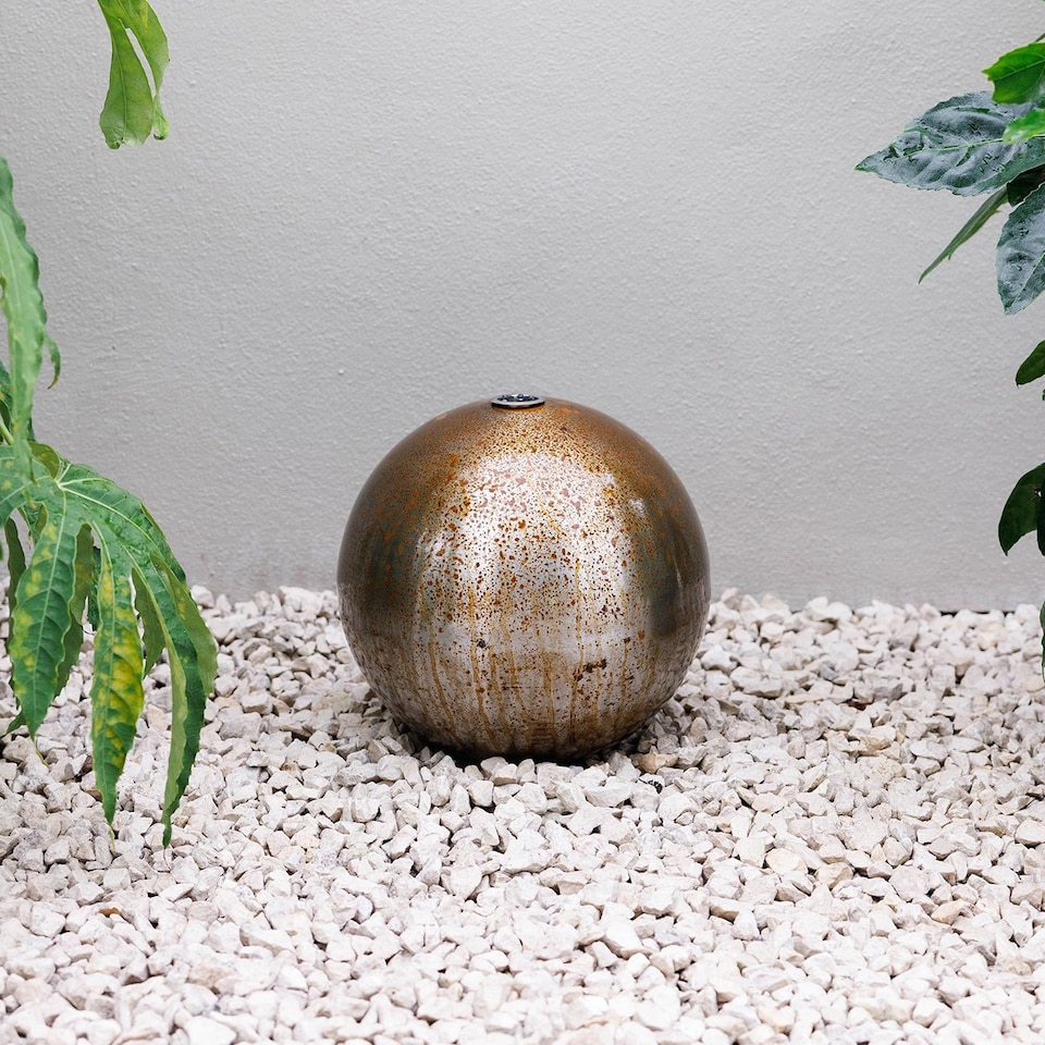 image 1 of Primrose Corten Steel Sphere Water Feature with Lights and Reservoir 30cm