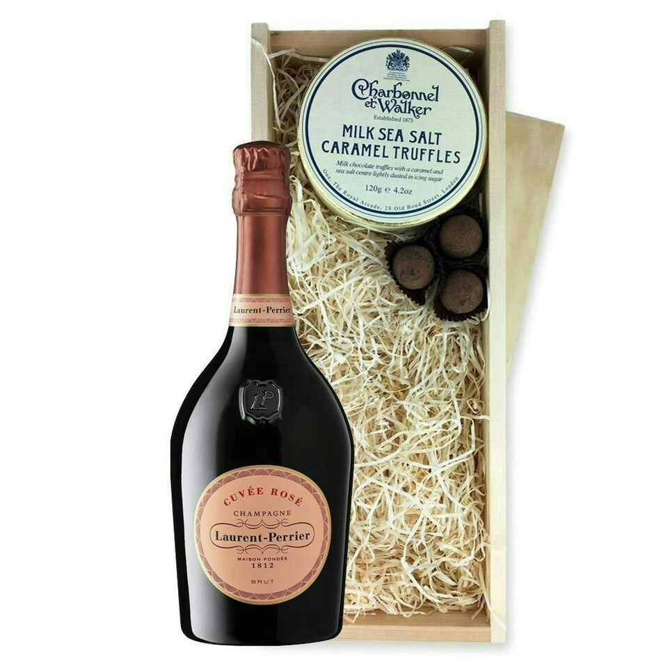 image 1 of Laurent Perrier Cuvee Rose Champagne And Milk Sea Salt Charbonnel Chocolates Box 75cl 12% abv