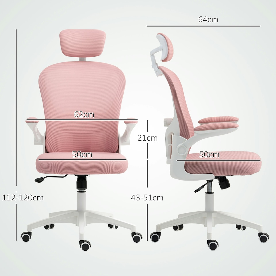 image 1 of Vinsetto Mesh Chair with Headrest, 4D Lumbar Support, Flip-up Arm, Pink | Pink | White | One Size