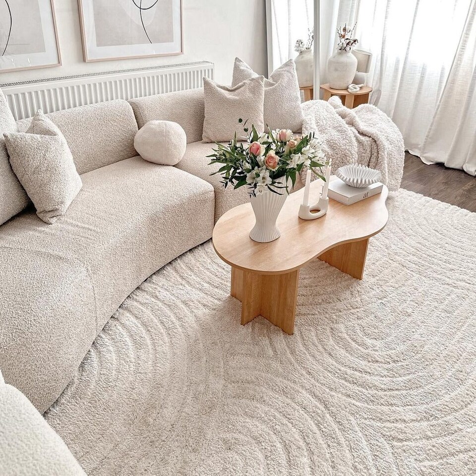 image 1 of KUKOON Retro Grooves Plush Pile Cream Beige Living Room Area Rug 240cm x 330cm