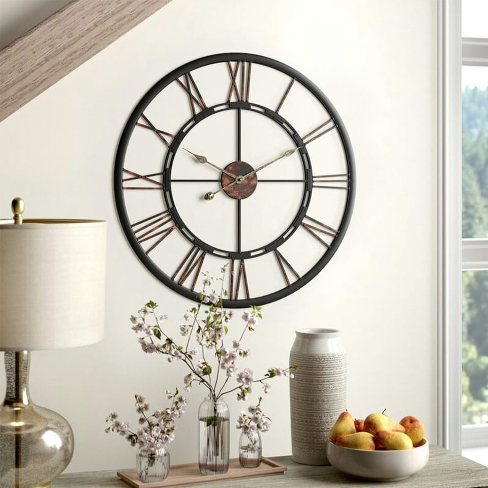 image 1 of Living and Home Round Vintage Silent Wall Clock - 60cm | Black