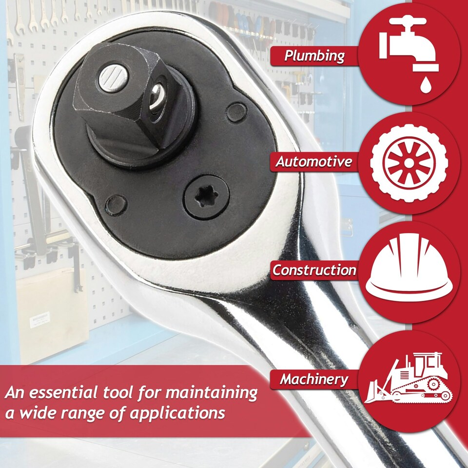 image 1 of SPARES2GO 3/8" Socket Ratchet Square Drive 100 Teeth Quick Release Reversible Chrome Vanadium Steel Tool