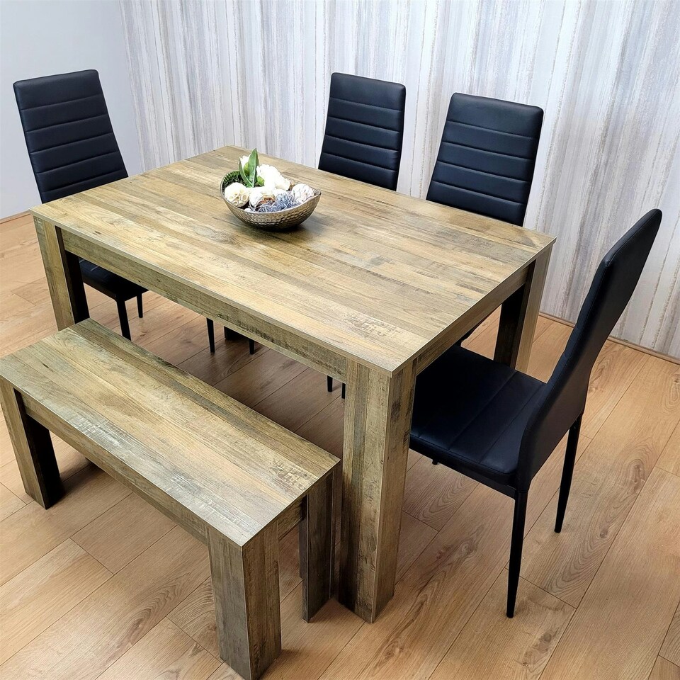 image 1 of Wooden Dining Table Set for 6 Rustic Effect Table With 4 Black Leather Chairs and 1 Bench Black