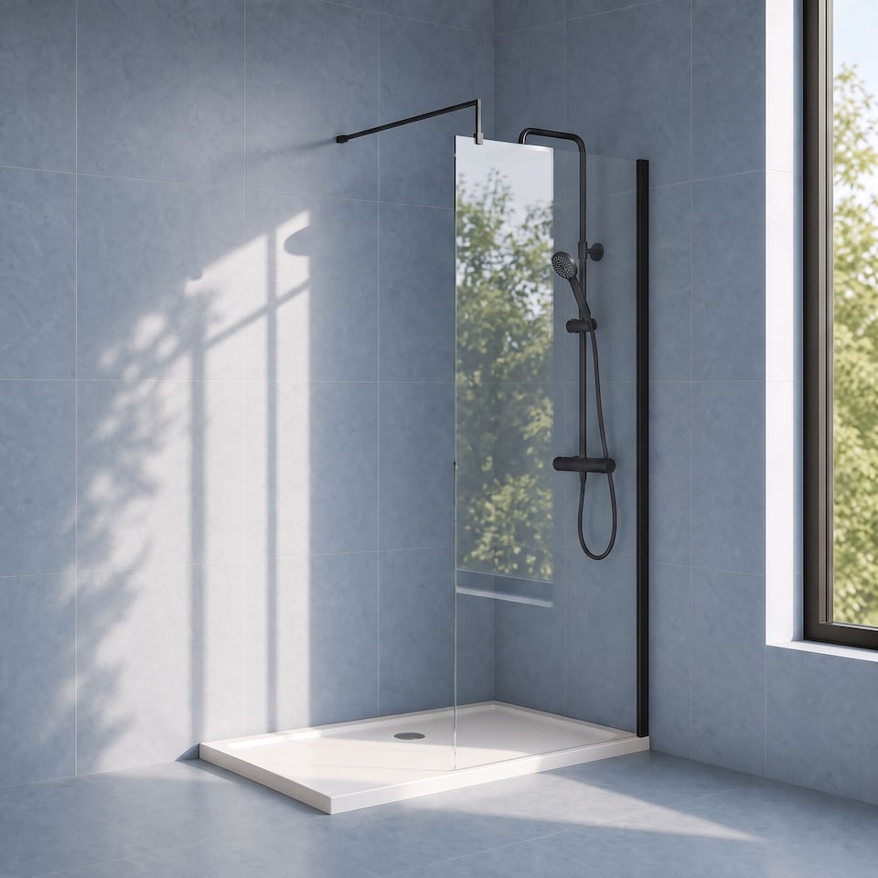 image 1 of Balterley Blymhill Contemporary Bathroom 8mm Glass Profile Wetroom Screen with Support Bar, Matt Black, 1950 x 700 x 14mm