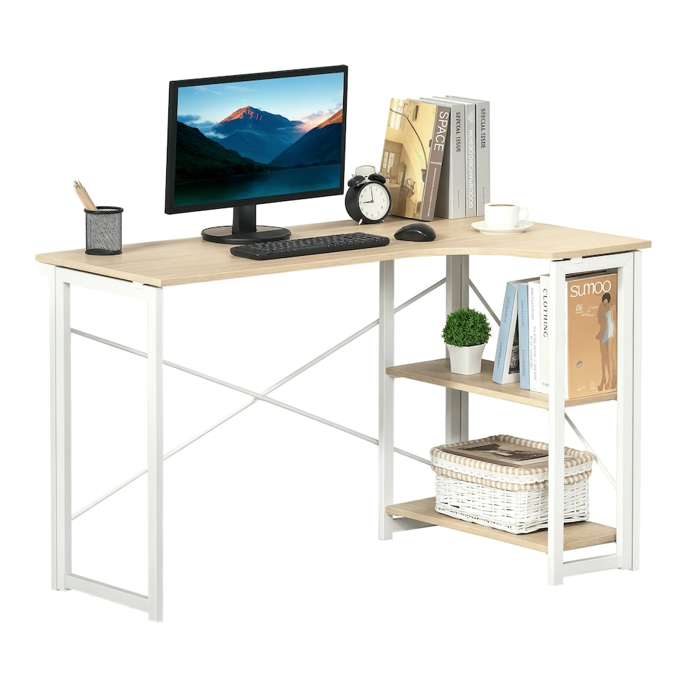 image 1 of HOMCOM L-Shape Folding Computer Desk Study Workstation with 2 Shelves Oak Tone