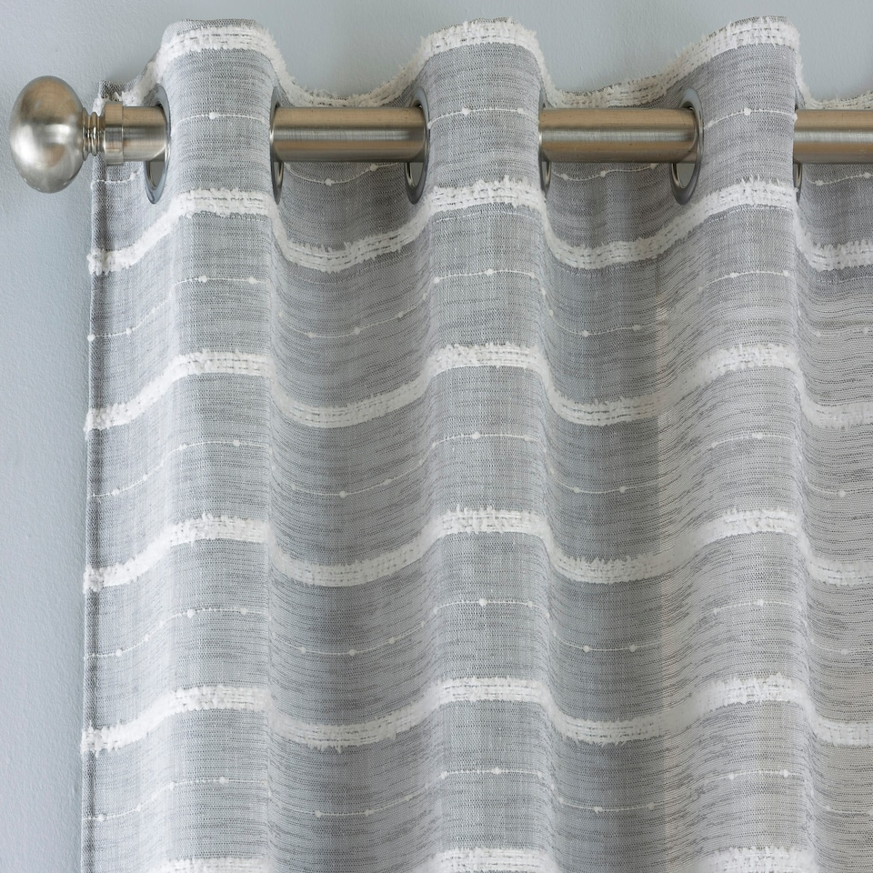 image 1 of Pair of Antigua Grey Chenille Stripe Voile Panels 54 inch (137 cm) Light Filtering Eyelet Linen-Look Voile Panels for Bedroom and Living Room