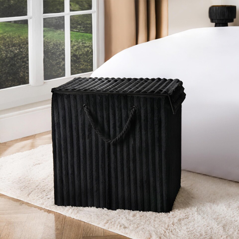 image 1 of OHS Ribbed Faux Fur Folding Laundry Basket Bag with Lid
