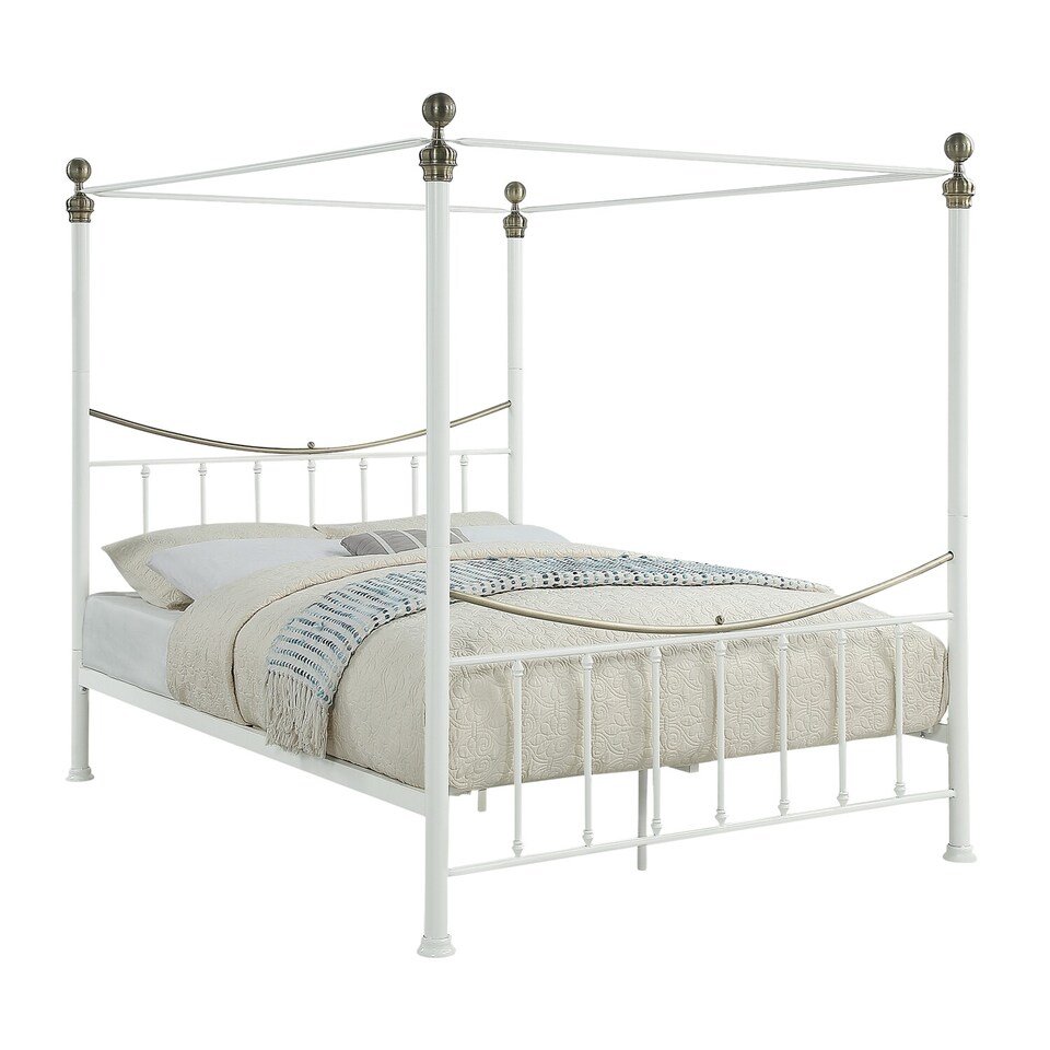 image 1 of Marylebone Traditional Four Poster Canopy Metal Bed Frame | White | White & Brass | King