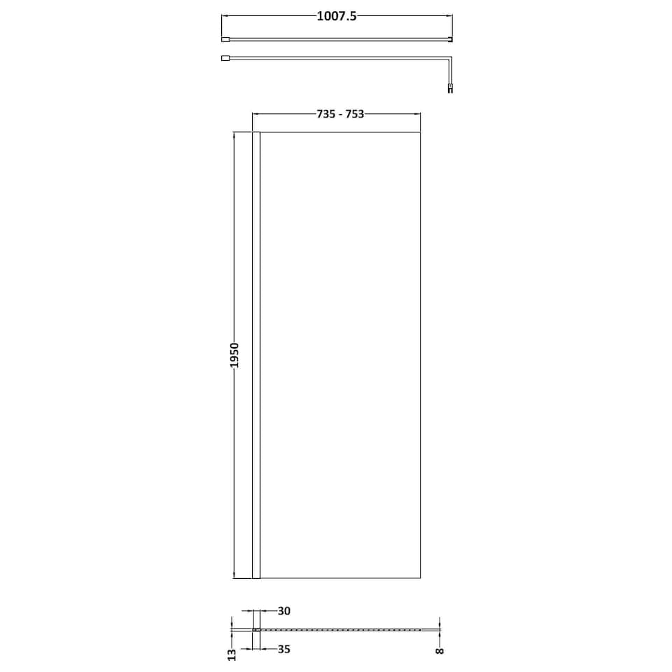 image 1 of Balterley Blymhill Contemporary Bathroom 8mm Glass Profile Wetroom Screen with Support Bar, Brushed Brass, 1950 x 760 x 14mm