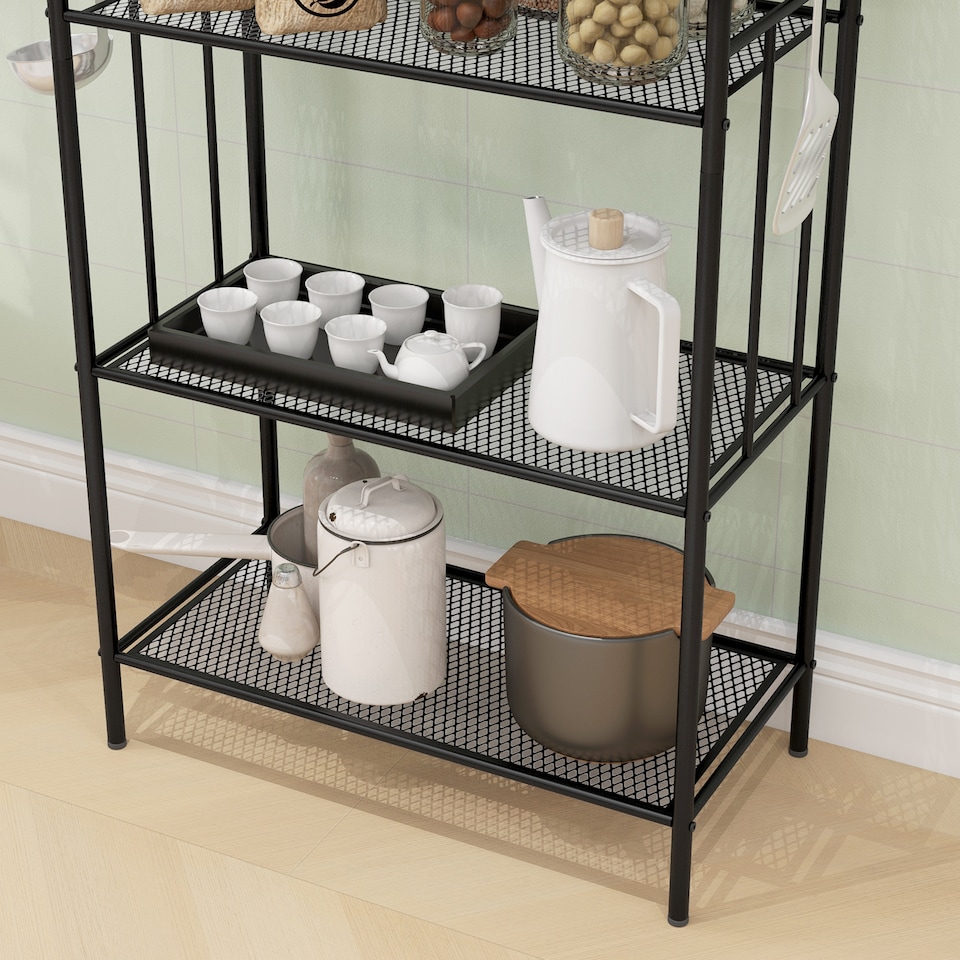 image 1 of HOMCOM 5-Tier Kitchen Storage Unit, Microwave Stand with 5 Mesh Open Shelves and 4 Hooks, Modern Coffee Bar Station with Steel Frame for Living Room, Black