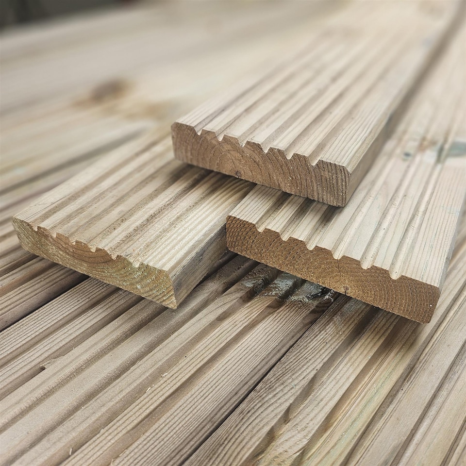 image 1 of Snowdon Timber Garden Treated Decking Board 5 Pack (L) 2.4m (W) 120mm (T) 28mm | Green | Natural | 28 x 120 x 2400mm