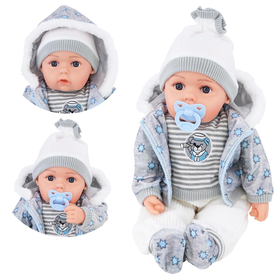 image 1 of BiBi Doll 20" Navy Baby Doll Boy with Grey Jacket, Extra Outfit, Sounds & Dummy Toy