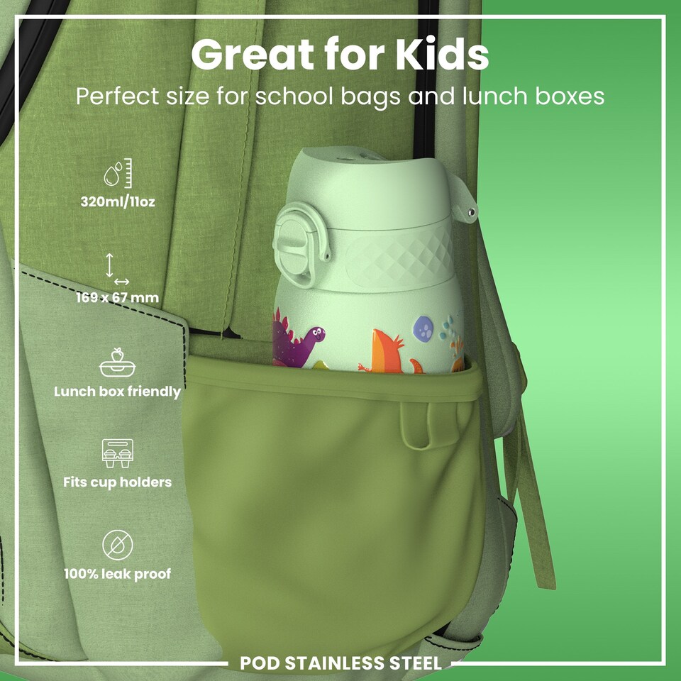 image 1 of Leak Proof Water Bottle, Vacuum Insulated, 320ml (11oz) | Green | Dinosaur | One Size