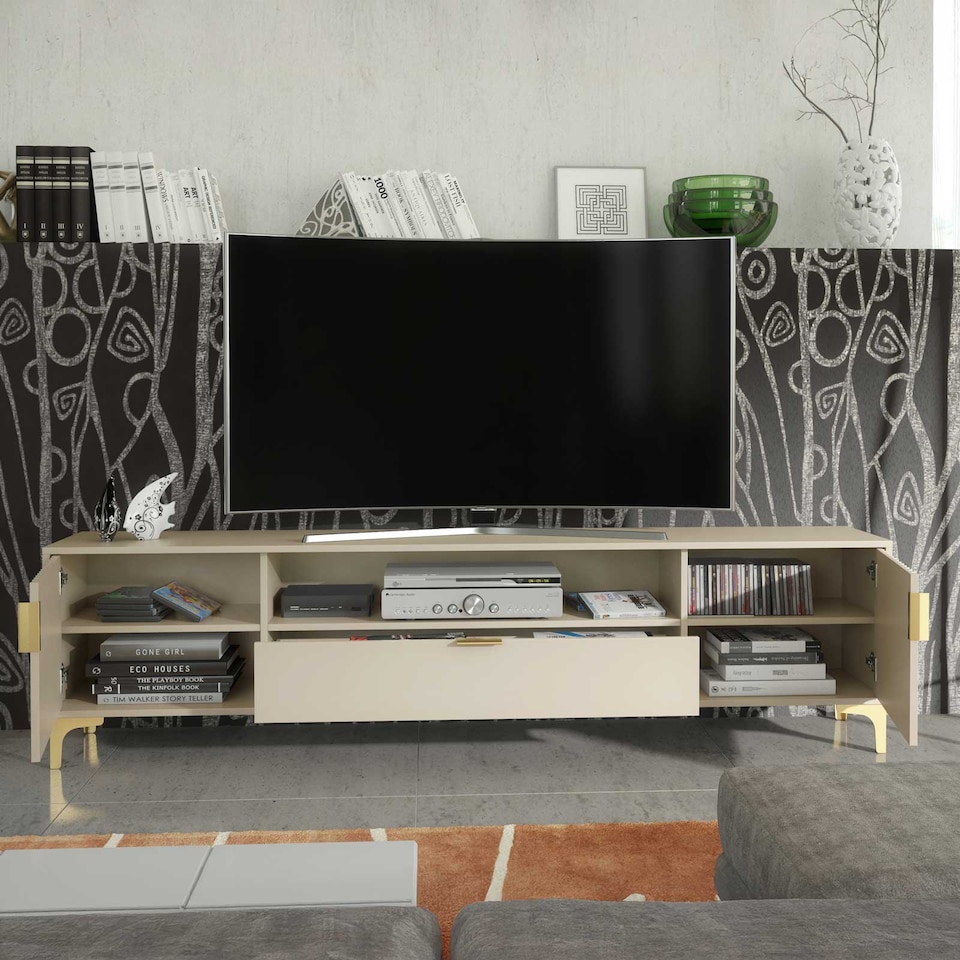 image 1 of TV Stand TV Unit Cabinet Sideboard Media Cabinet Cashmere Fluted Gold Legs 200cm