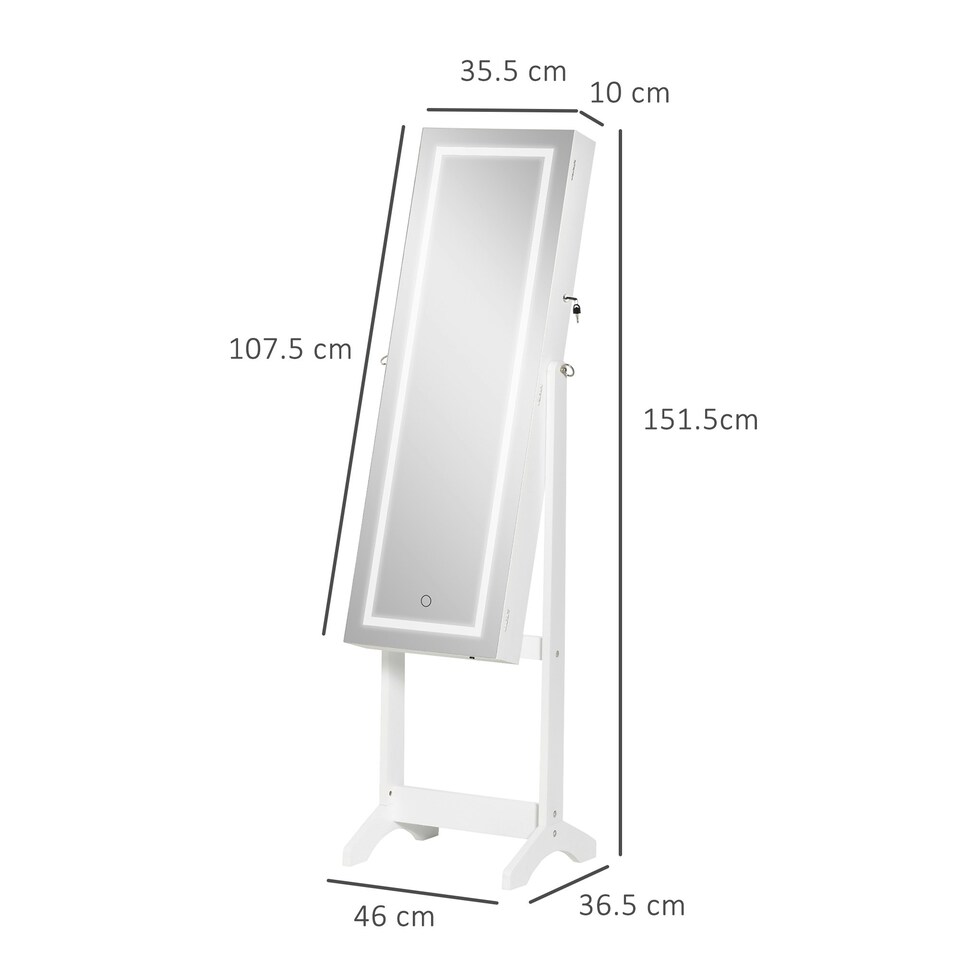 image 1 of HOMCOM Mirrored Jewellery Cabinet with LED Light Lockable Armoire White