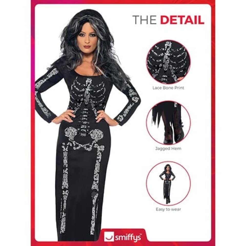 image 1 of Skeleton Tube Dress with Lace Detail Fancy Dress Costume Ladies Large - UK 16-18