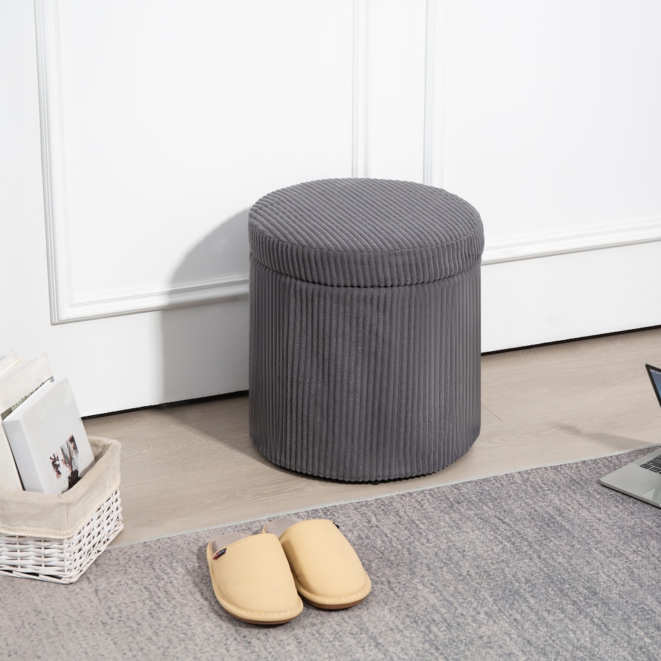 image 1 of HOMCOM 40cm Round Storage Ottoman, Corduroy Footstool with Removable Lid and Legs, Vanity Stool for Living Room, Bedroom, Grey | Grey
