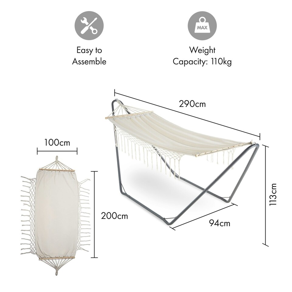 image 1 of VonHaus Beige Boho Fringe Hammock with Frame for Garden
