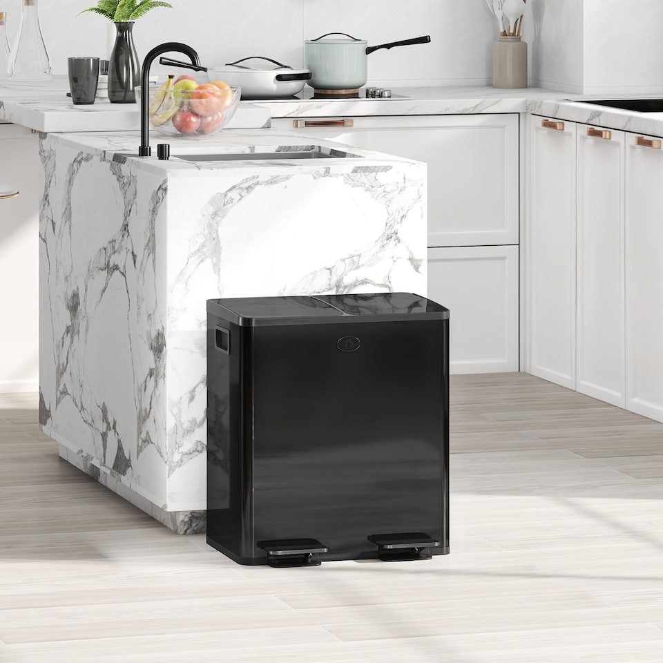 image 1 of HOMCOM Dual Kitchen Bin, 2 x 20L Stainless Steel Double Rubbish Bin with Soft Close Lid, Removable Inner Buckets, Rubbish Bags, Fingerprint-Proof for Recycling and Waste, Glossy Black | Black