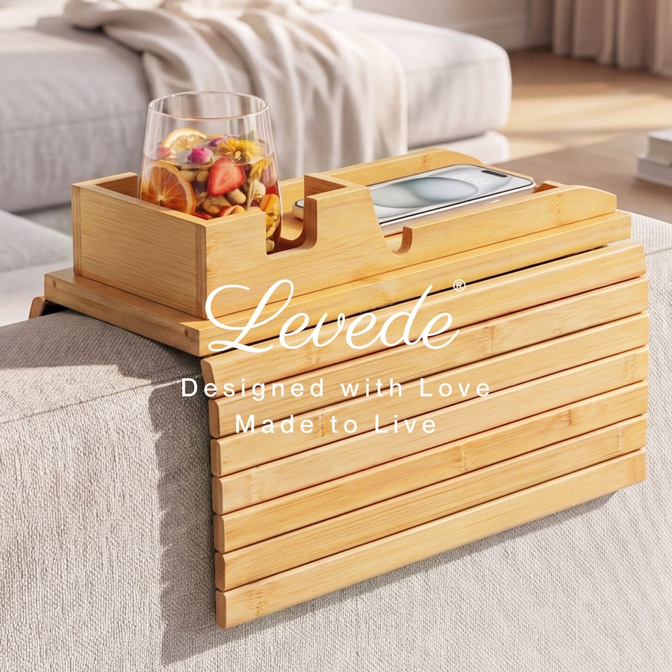 image 1 of Levede Sofa Arm Tray Table 2 in 1 Bamboo Couch Armrest Organiser Cup Mug Holder