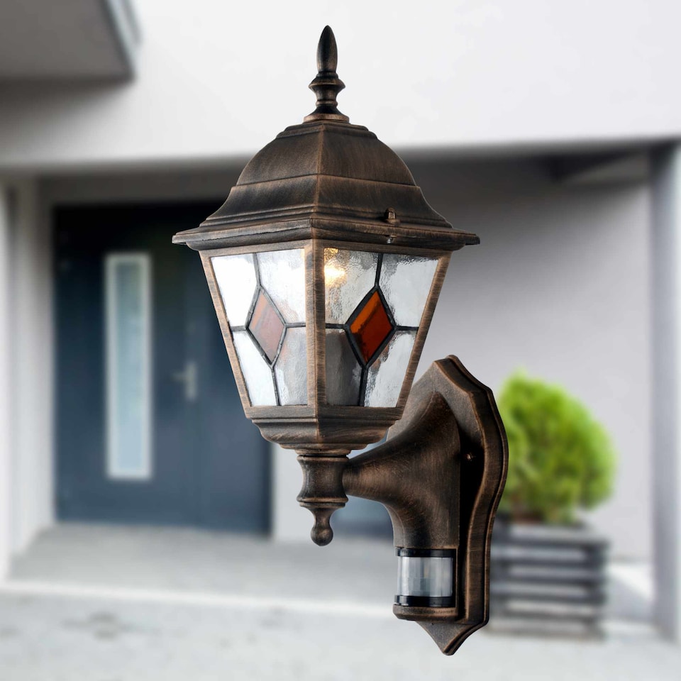 image 1 of Set of 2 Morecambe - Black Brushed Gold PIR Sensor Outdoor Wall Lights | Black | Black & hand brushed gold and clear glass with amber glass detail | Small | 2