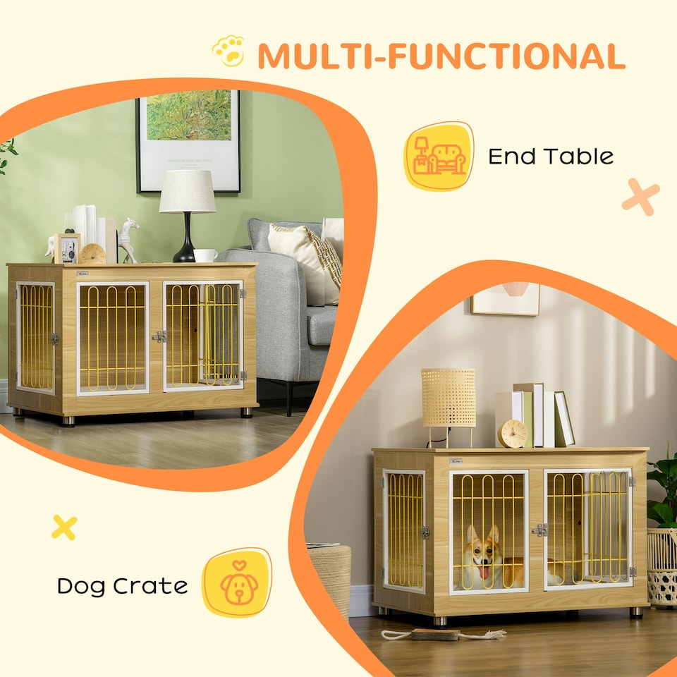 image 1 of PawHut Dog Crate Furniture End Table w/ Soft Cushion, Double Door - Oak Tone