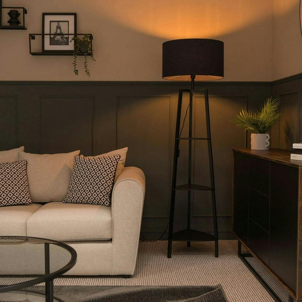 image 1 of ValueLights Hiru Black 3 Tier Shelf Floor Lamp with Navy Shade Blue