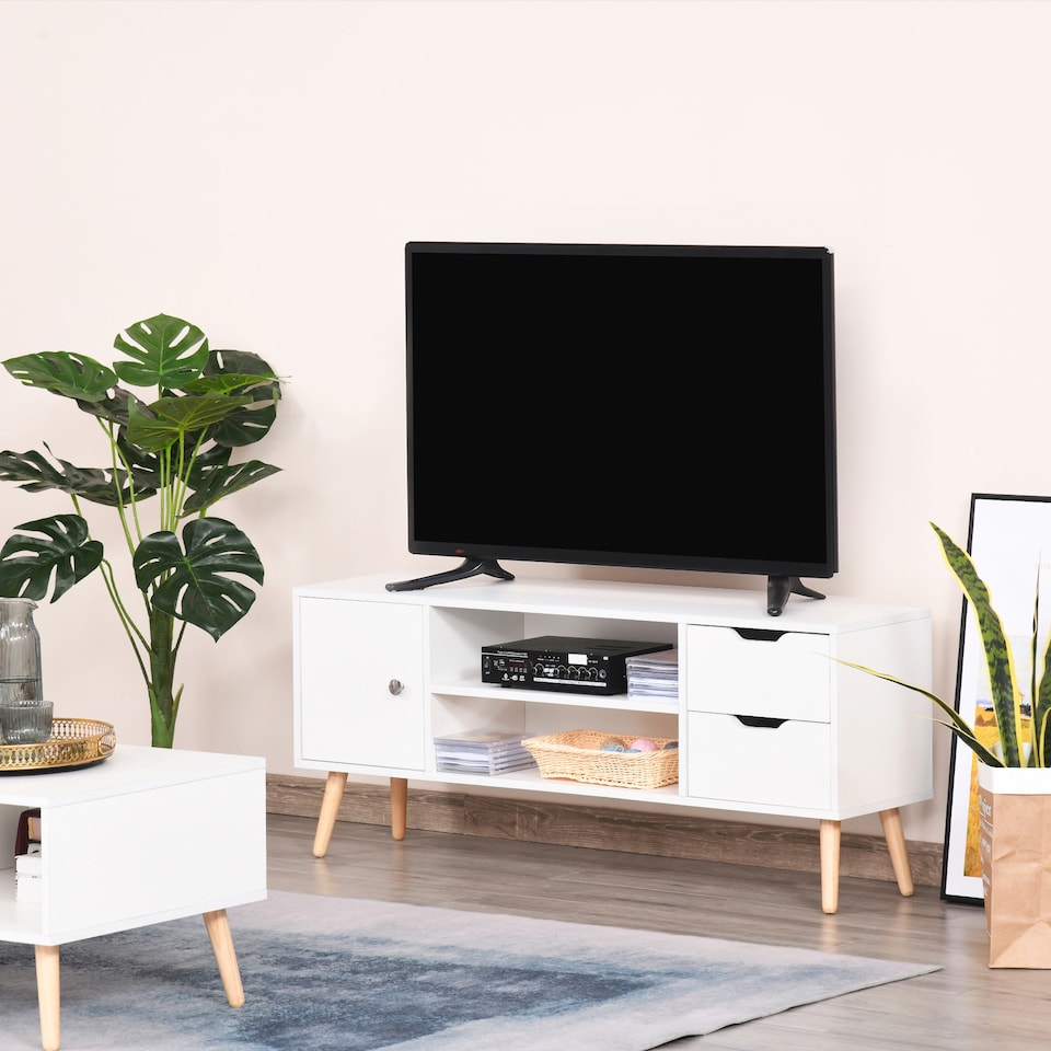 image 1 of HOMCOM TV Stand for TVs up to 50 , TV Console Cabinet with Open Storage Shelf and Drawers for Living Room, Entertainment Room and Bedroom, White