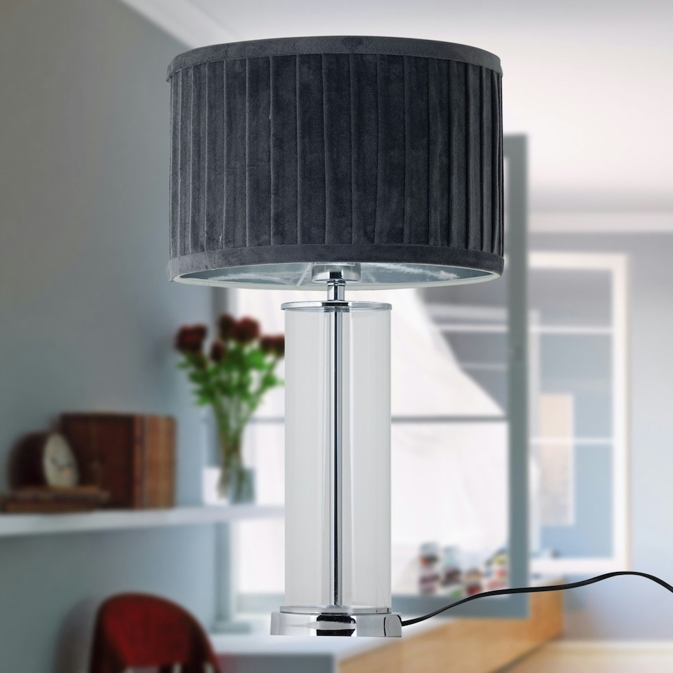 image 1 of Set of 2 Aura - Chrome Table Lamps with Grey Pleated Velvet Shades Chrome | Grey