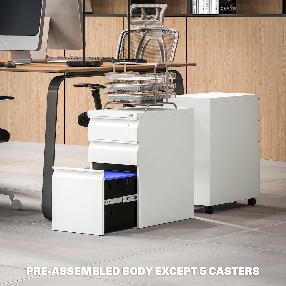 image 1 of Vinsetto 3-Drawer Filing Cabinet with Lock, Mobile Steel File Cabinet for A4, Under Desk Drawers with Pre-Assembled Body for Home Office | White | White