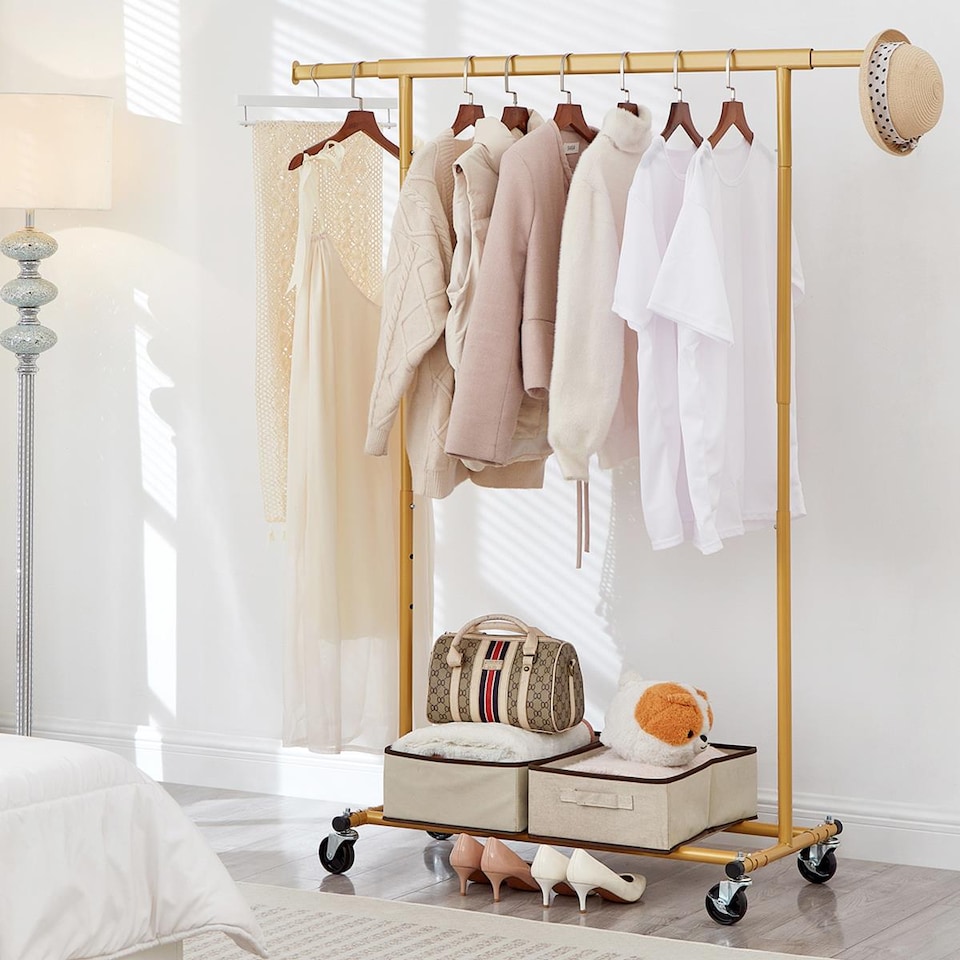 image 1 of House of Home Heavy Duty Gold Clothes Rail Adjustable Width Height with Shelf on Wheels