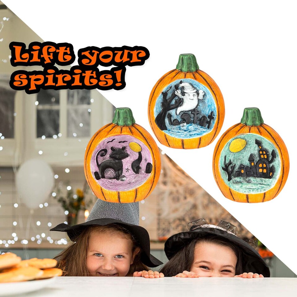 image 1 of vfm-estore Halloween LED Pumpkin Scenes 3-Pack - Cat, Ghost, House Multicolour Decorations