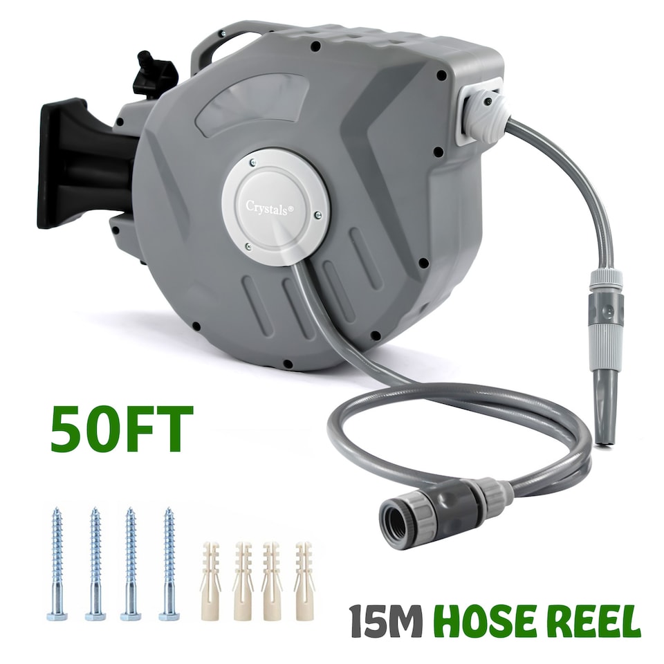 image 1 of 15m Garden Patio Hose Reel Wall Mounted Retractable Auto Rewind Pipe