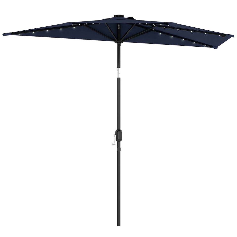 image 1 of Outsunny 2.6 m Half Parasol with Solar Lights, UPF50+ Semi Round Umbrella | Blue | Dark Grey | 265 x 135 x 239 cm