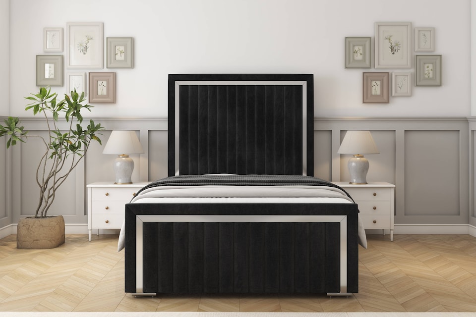 image 1 of Sloomy Boston Chrome Black Naples Bed Frame With 50" Upholstered Headboard 6' Super King