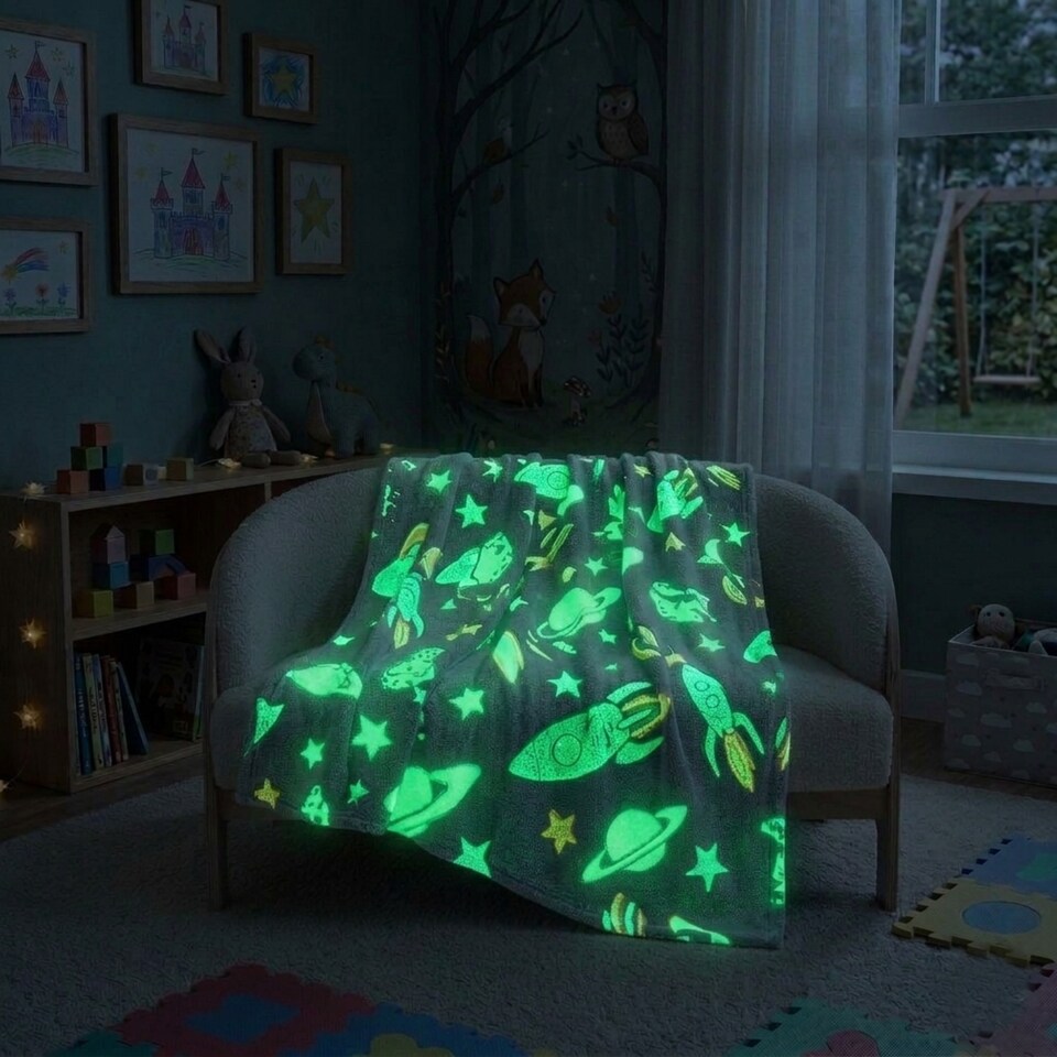 image 1 of Glow in the Dark Outerspace Blanket Soft Galaxy Night Sky Throw for Kids 100x150cm | Multi